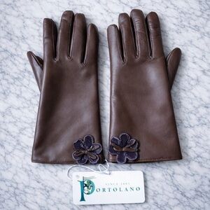 Portolano Brown Leather Gloves with Floral Detail – New with Tag